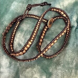 Chan Luu gold beads with black leather 3 wrap bracelet